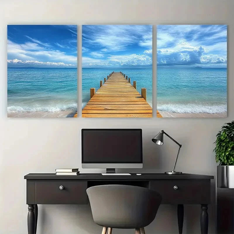 3pcs Beach Pier Blue Skies Design Metal Print Ready to Hang Art - Bella Home Decor