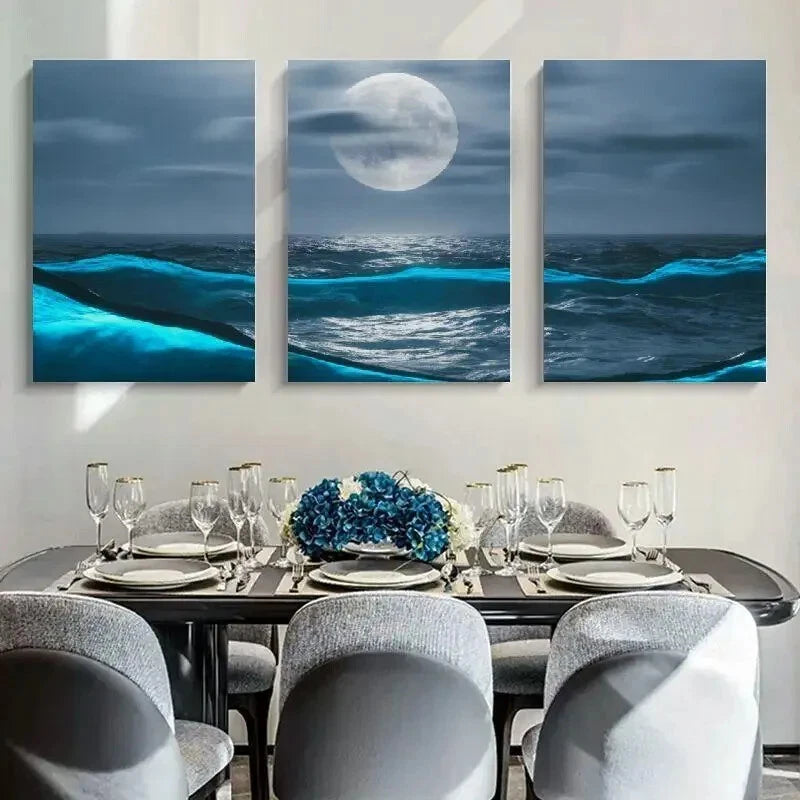 3pcs Moonlit Ocean Waves Full Moon Metal Print Ready to Hang Art - Bella Home Decor