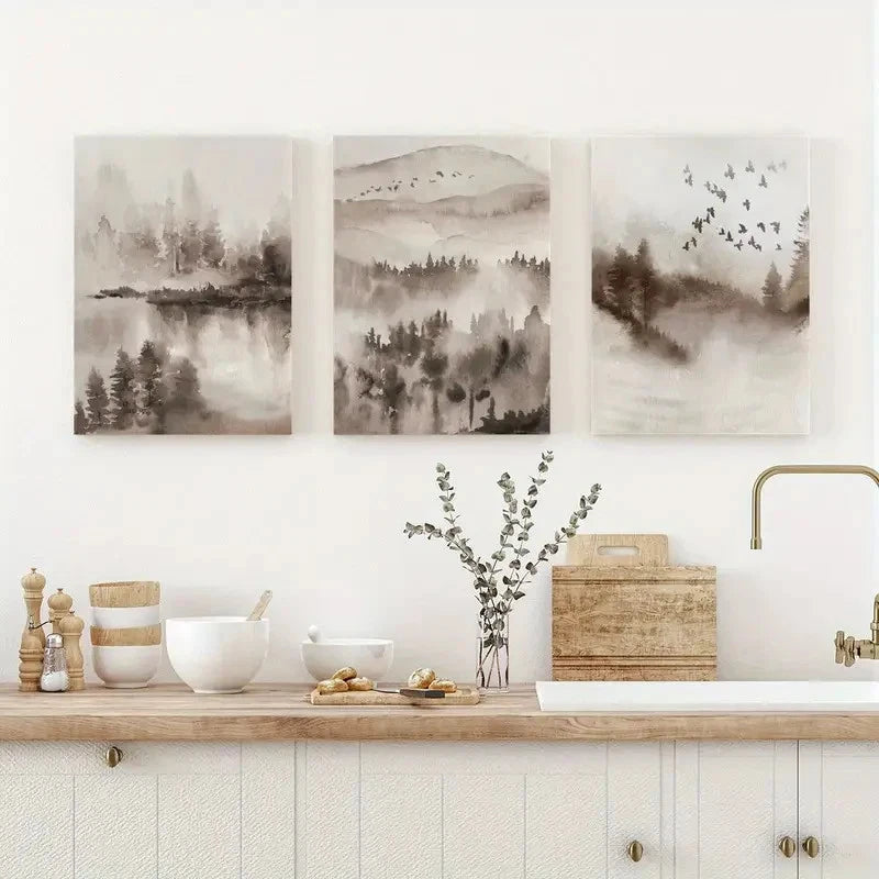 3pcs Beige and Brown Watercolor Landscape Metal Print Ready to Hang Art