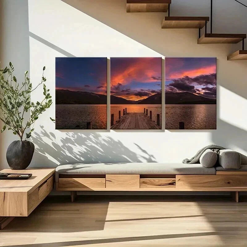 3pcs Lake Dusk Bridge Sunset Natural Landscape Wall Art Set Canvas Framed 50x70cm - High Quality Print 100% Australian Made Wall Canvas Ready to Hang - Bella Home Decor