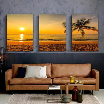 3pcs Tropical Palm Sunset Beach Landscape Metal Print Ready to Hang Art - Bella Home Decor