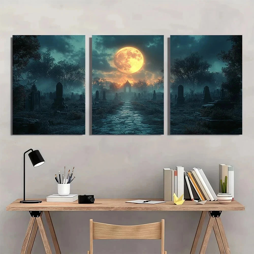 3pcs Halloween Cemetery at Night Metal Print Ready to Hang Art - Bella Home Decor