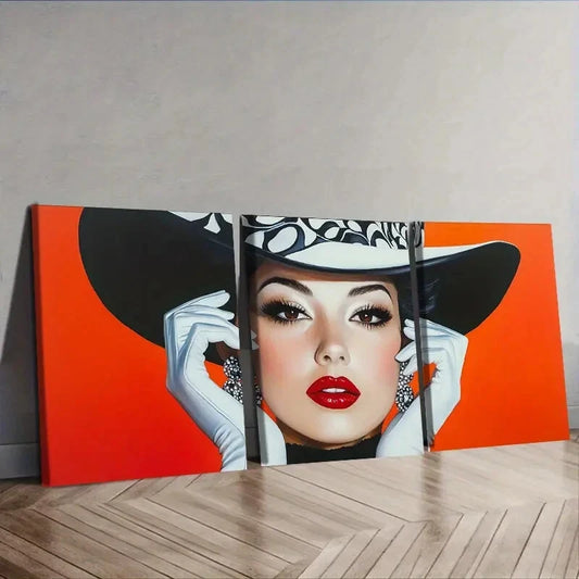 3pcs Fashionable Woman in Black Hat, Wall Art Set Canvas Framed 40x60cm - High Quality Print 100% Australian Made Wall Canvas Ready to Hang