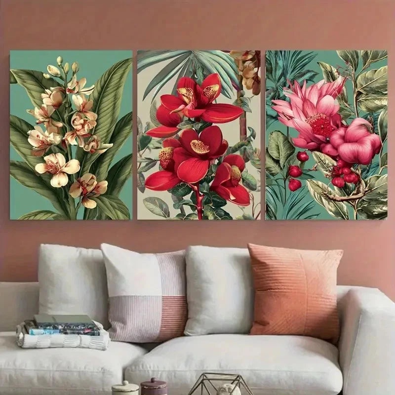 3pcs Paraguay Botanical Floral Illustration Wall Art Set Canvas Framed 60x90cm - High Quality Print 100% Australian Made Wall Canvas Ready to Hang