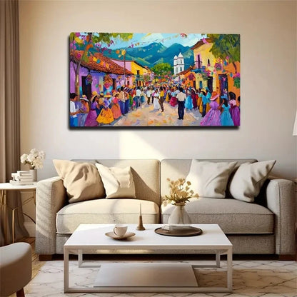 Vibrant Festival Scene Deco Wall Art Canvas Office Home Room Framed 120x60cm