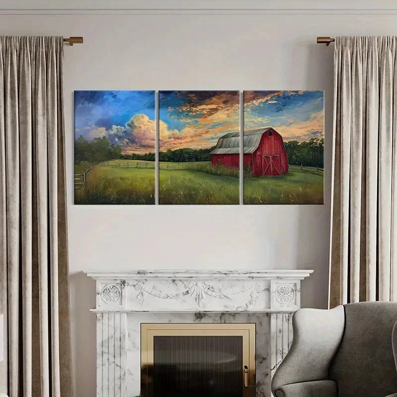 3pcs Red Barn Pastoral Landscape Vibrant Sky Metal Print Ready to Hang Art - Bella Home Decor