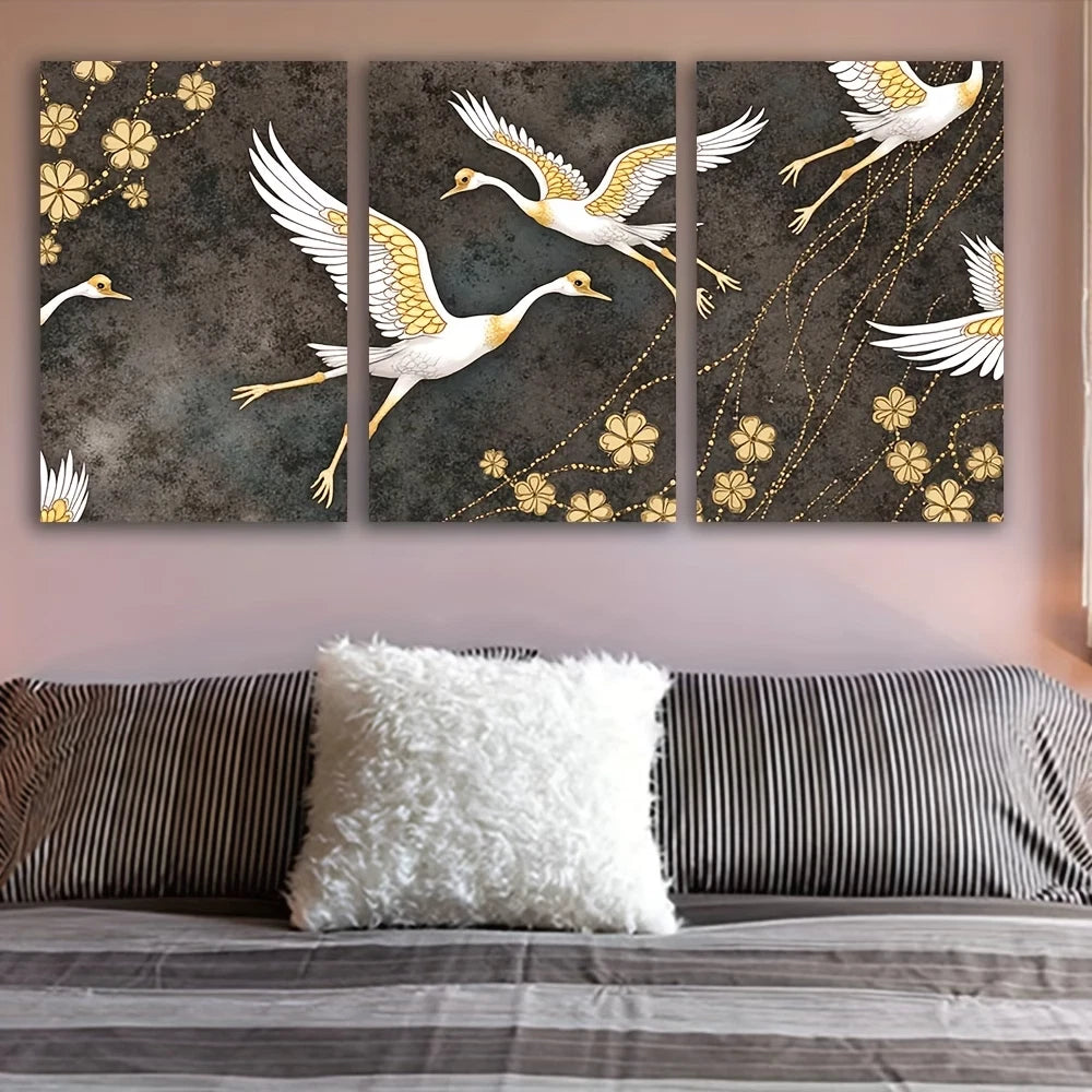 3pcs Crane Flight Golden & White Floral Design Wall Art Set Canvas Framed 40x60cm - High Quality Print 100% Australian Made Wall Canvas Ready to Hang - Bella Home Decor