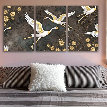 3pcs Crane Flight Golden & White Floral Design Wall Art Set Canvas Framed 40x60cm - High Quality Print 100% Australian Made Wall Canvas Ready to Hang - Bella Home Decor