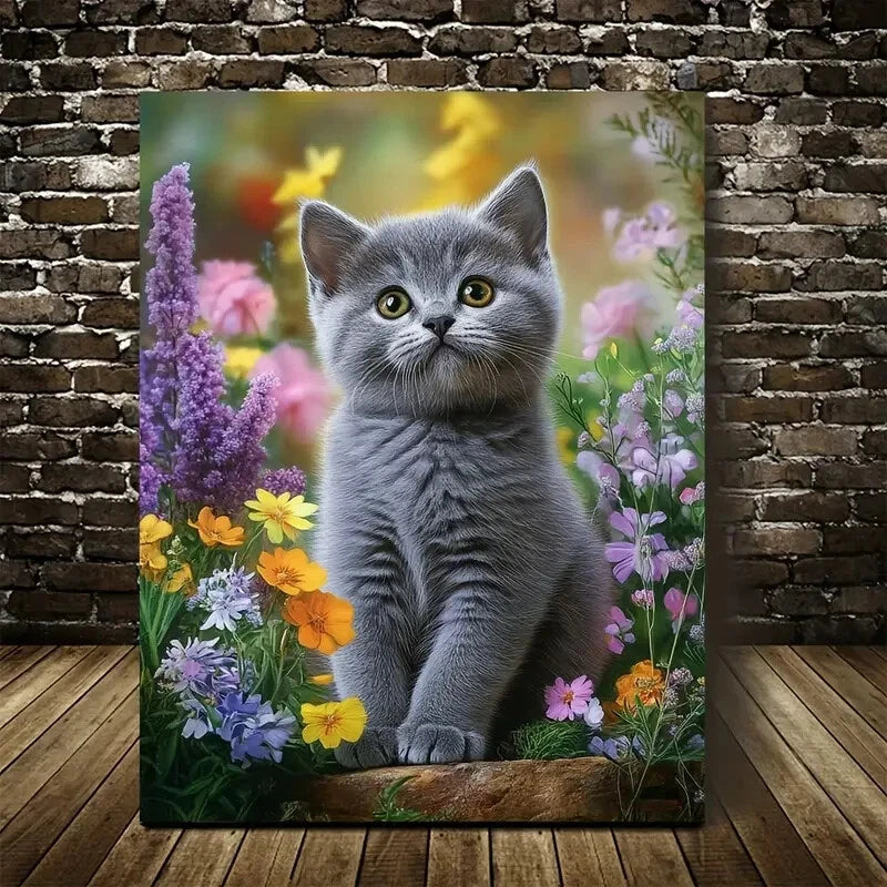 Adorable British Shorthair Kitten with Vibrant Flowers 40x60cm Metal Print Ready to Hang