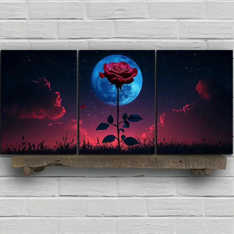 3pcs Red Rose under Moonlight Metal Print Ready to Hang Art - Bella Home Decor