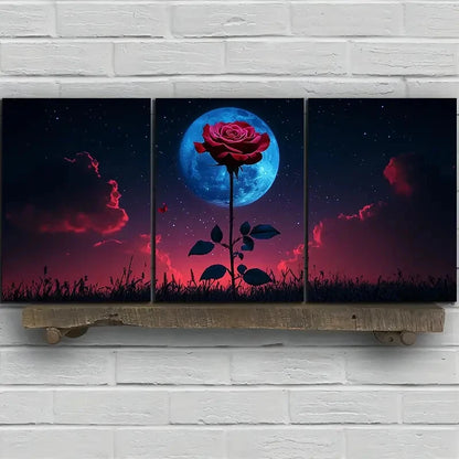 3pcs Red Rose under Moonlight Metal Print Ready to Hang Art - Bella Home Decor