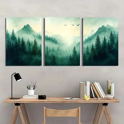 3pcs Pine Tree Forest Watercolor Landscape Art Metal Print Ready to Hang Art - Bella Home Decor