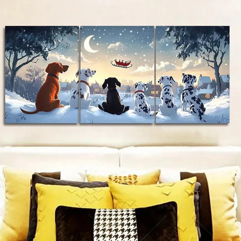 3pcs The Dog Looks at Santa Claus Wall Art Set Canvas Unframed - High Quality Print 100% Australian Made Wall Canvas