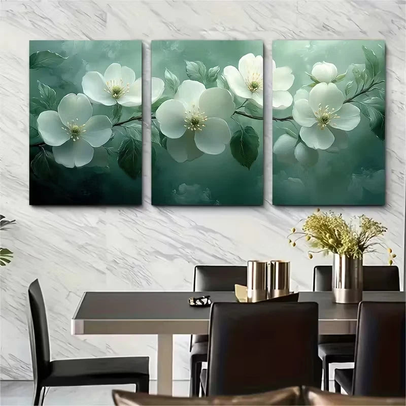 3pcs Elegant White and Green Floral Metal Print Ready to Hang Art