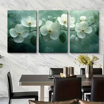 3pcs Elegant White and Green Floral Metal Print Ready to Hang Art