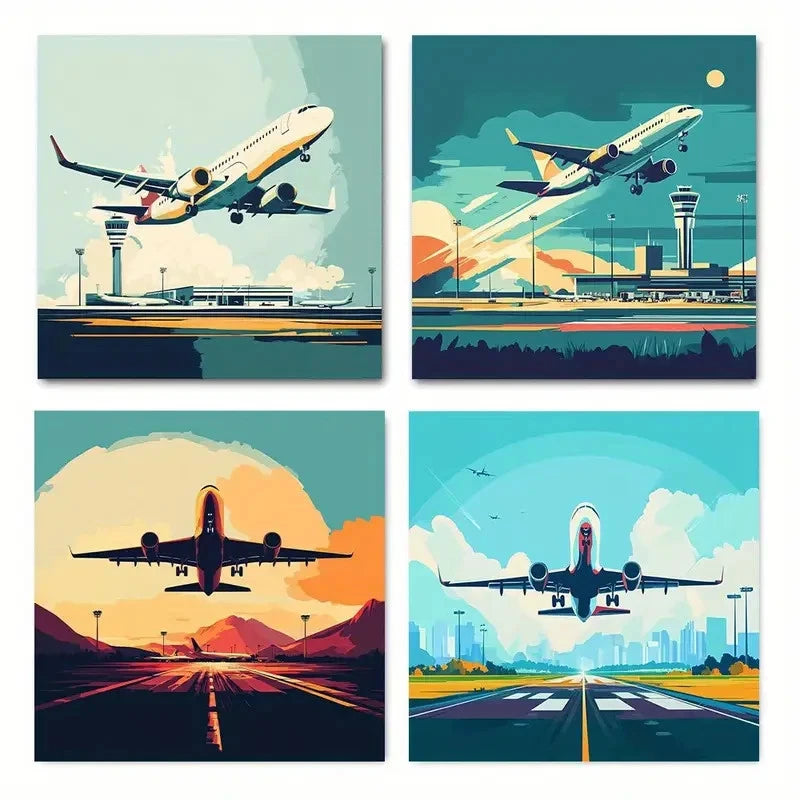 4pcs Vintage Abstract Airplane Landing Theme Wall Art Canvas Framed