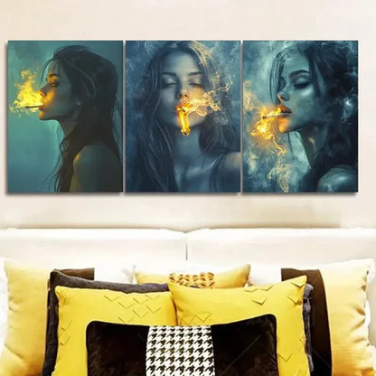 3pcs The woman puffed her smoke Wall Art Set Canvas Unframed - High Quality Print 100% Australian Made Wall Canvas