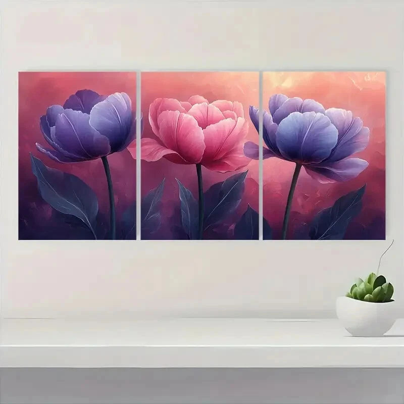 3pcs Pink & Purple Flowers with Green Leaves Metal Print Ready to Hang Art - Bella Home Decor