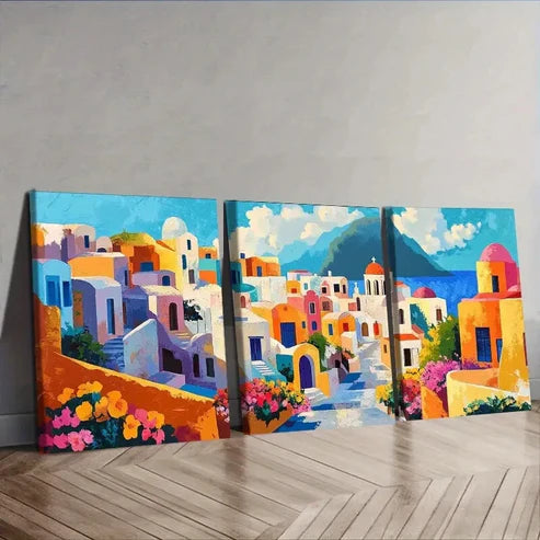 3pcs Greek island style town Wall Art Set Canvas Unframed - High Quality Print 100% Australian Made Wall Canvas