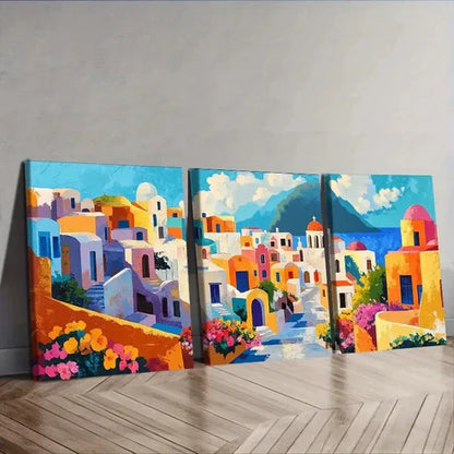 3pcs Greek island style town Wall Art Set Canvas Unframed - High Quality Print 100% Australian Made Wall Canvas