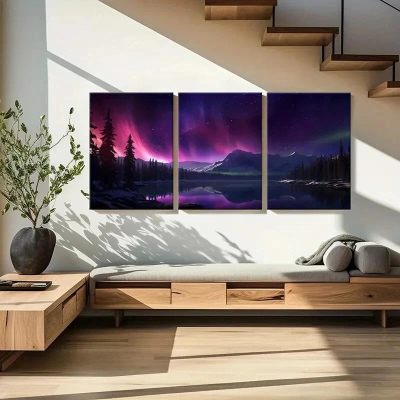 3pcs Aurora Borealis Mountain Range Starry Sky Metal Print Ready to Hang Art - Bella Home Decor