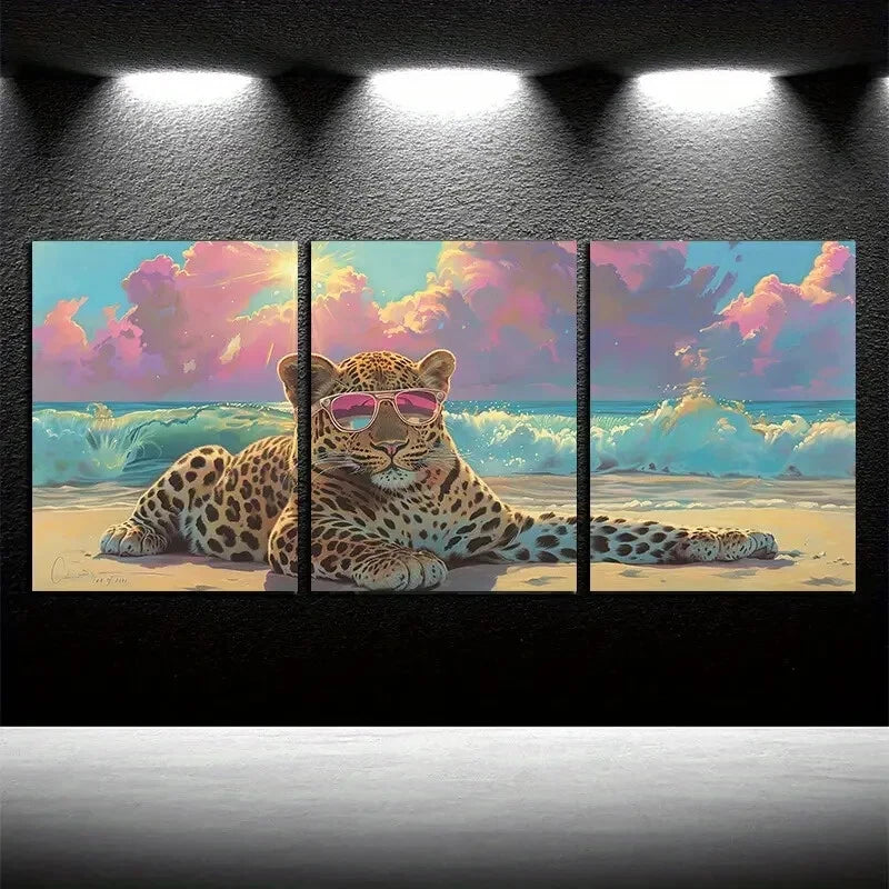 3pcs Modern Cartoon Leopard with Sunglasses Metal Print Ready to Hang Art - Bella Home Decor