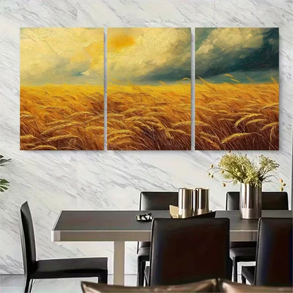 3pcs Van Gogh-Inspired Golden Wheat Field Metal Print Ready to Hang Art