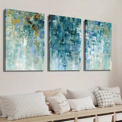 3pcs Abstract Geometric Golden and Cyan Texture Wall Art Set Canvas Unframed - High Quality Print 100% Australian Made Wall Canvas