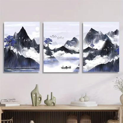 3pcs Asian-Inspired Chinese Landscape Metal Print Ready to Hang Art - Bella Home Decor