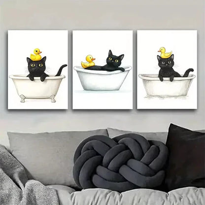 3 PCS Whimsical Black Cat & Duckling In Bathtub Wall Art Set Canvas Unframed - High Quality Print 100% Australian Made Wall Canvas - Bella Home Decor