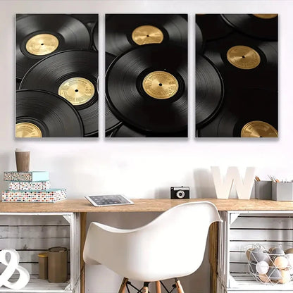 3pcs Golden & Black Vinyl Record Stacked Design  Wall Art Set Canvas Framed 50x70cm - High Quality Print 100% Australian Made Wall Canvas Ready to Hang - Bella Home Decor