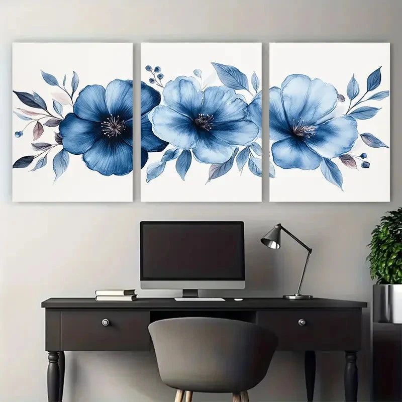 3pcs Elegant Blue Floral Watercolor Design Metal Print Ready to Hang Art - Bella Home Decor