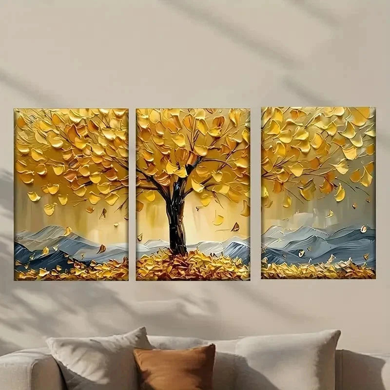 3pcs Tree with Golden Yellow Leaves Wall Art Set Canvas Framed 50x70cm - High Quality Print 100% Australian Made Wall Canvas Ready to Hang