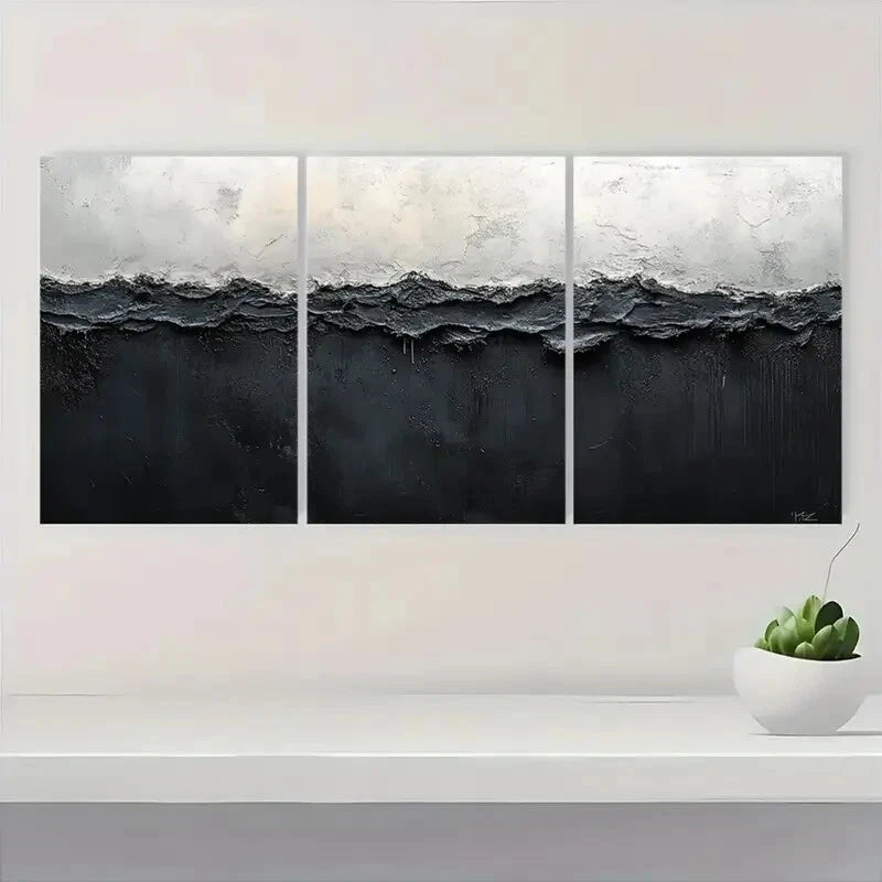 3pcs Black and White Abstract Painting Metal Print Ready to Hang Art - Bella Home Decor