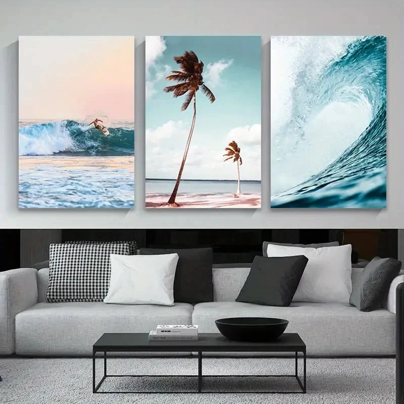 3pcs Surfing Speed Waves & Coconut Palm Tree Metal Print Ready to Hang Art