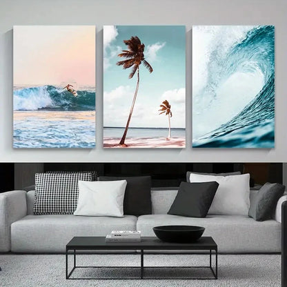 3pcs Surfing Speed Waves & Coconut Palm Tree Metal Print Ready to Hang Art