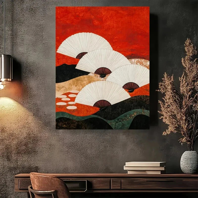 Beautiful Japanese Fans Abstract Landscape Painting 40x60cm Metal Print Ready to Hang - Bella Home Decor