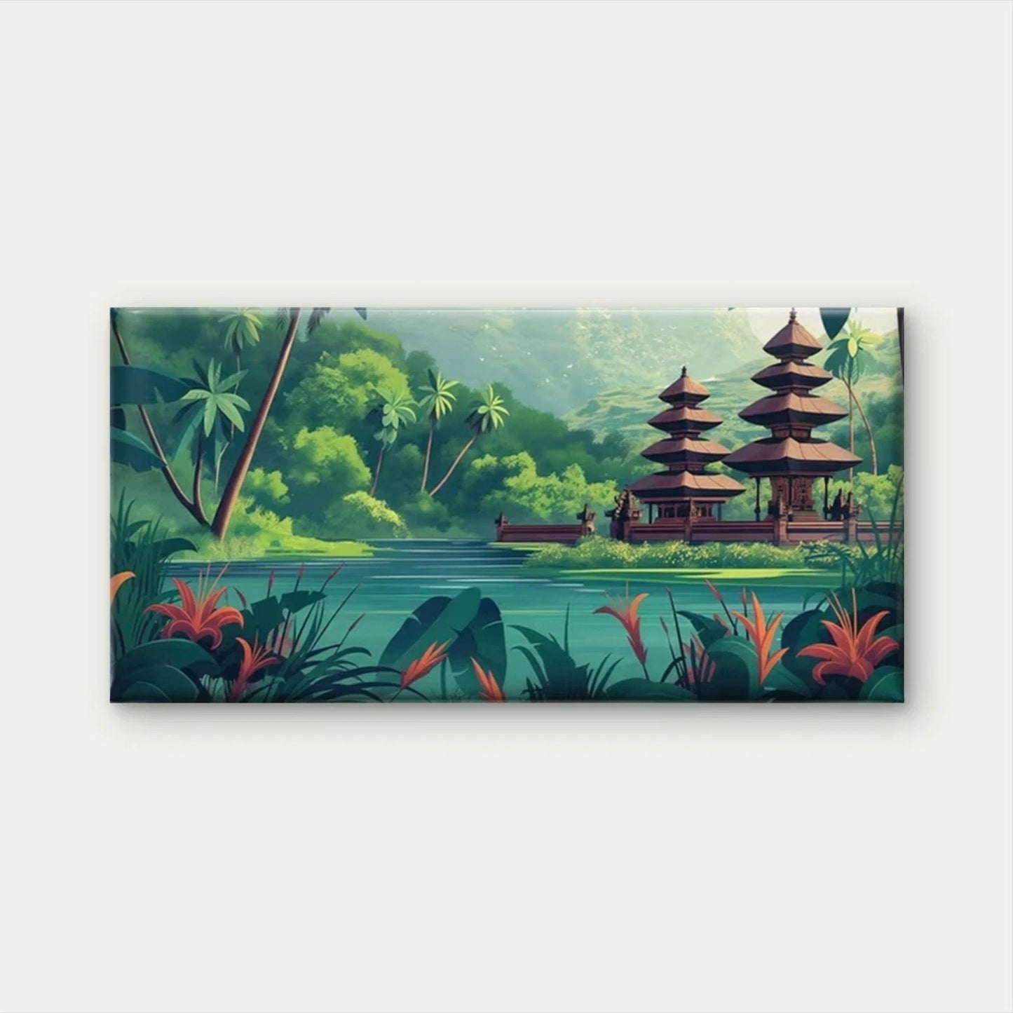 Tropical Jungle Temple Wall Art Canvas Office Home Room Framed 120x60cm