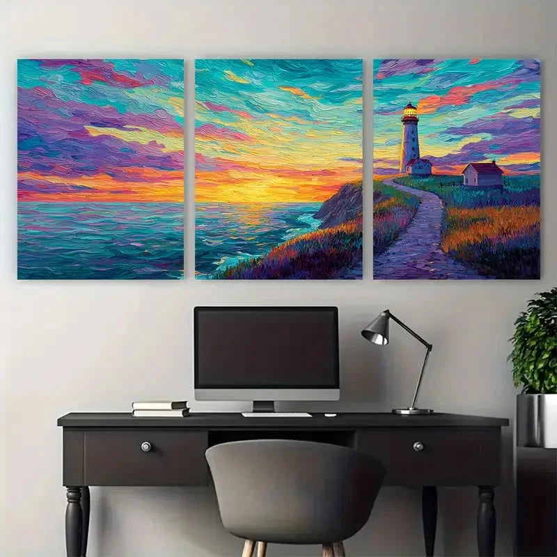 3pcs Lighthouse Sunset Pathway Painting Perfect Wall Art Set Canvas Framed 50x70cm - High Quality Print 100% Australian Made Wall Canvas Ready to Hang