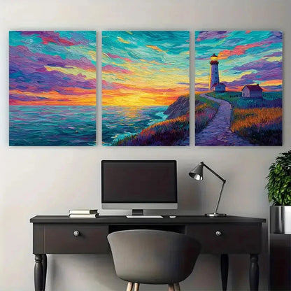 3pcs Lighthouse Sunset Pathway Painting Perfect Wall Art Set Canvas Framed 50x70cm - High Quality Print 100% Australian Made Wall Canvas Ready to Hang