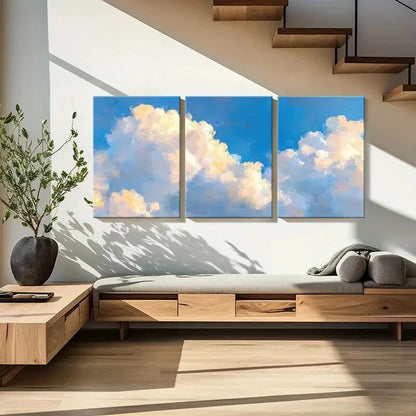 3pcs Abstract Cloudscape Art Sky Blue White Metal Print Ready to Hang Art - Bella Home Decor