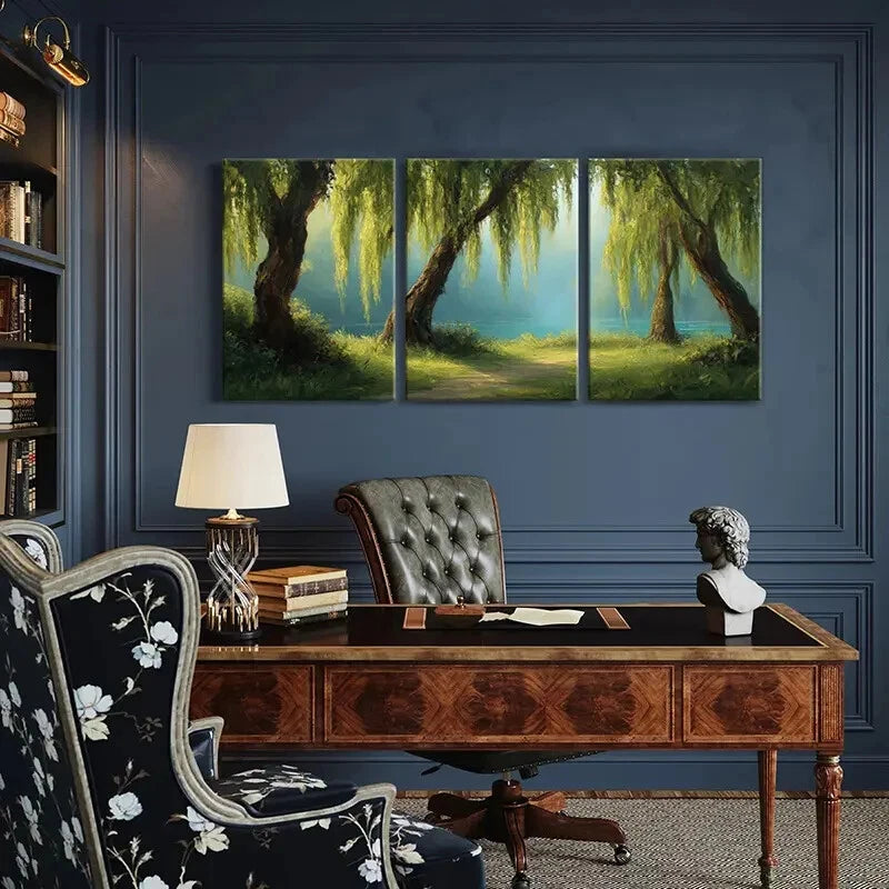 3pcs Artistic Willow Trees Serene Lake View Metal Print Ready to Hang Art