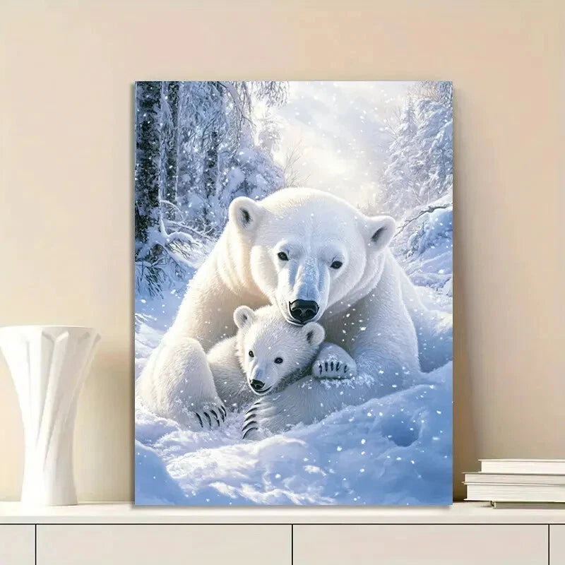 Polar Bear Cub Playing with Its Mother in The Snow  40x60cm Metal Print Ready to Hang - Bella Home Decor