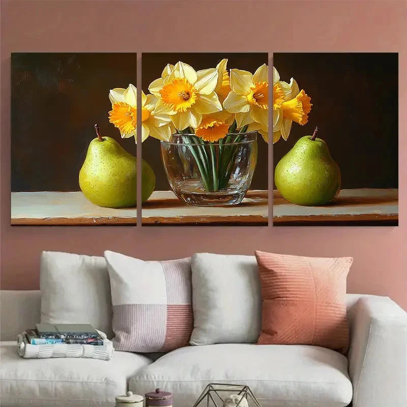 3pcs Daffodil Flowers In a Glass Cup with Pears Wall Art Set Canvas Framed 40x60cm - High Quality Print 100% Australian Made Wall Canvas Ready to Hang - Bella Home Decor