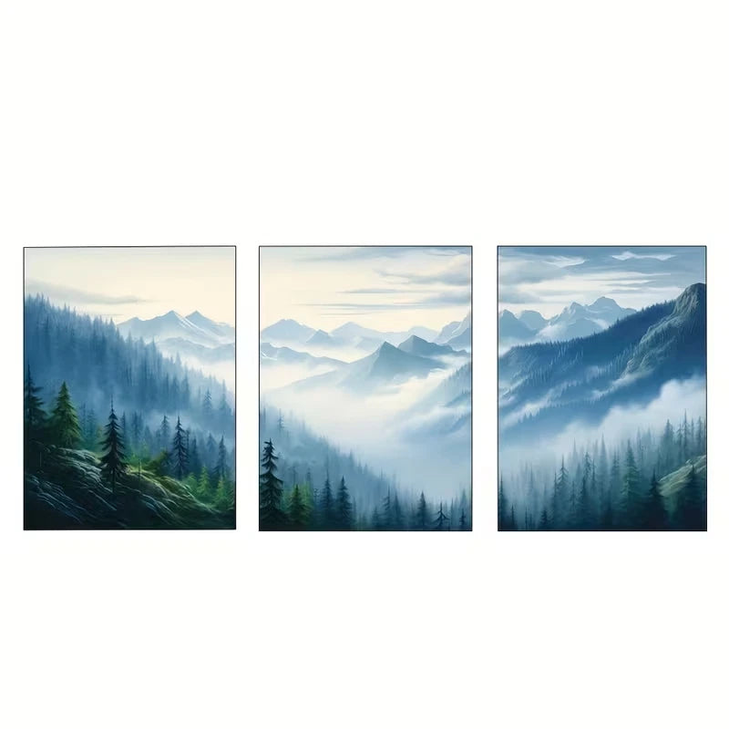 3pcs Misty Blue Forest Landscape Triptych  Wall Art Set Canvas Framed 40x60cm - High Quality Print 100% Australian Made Wall Canvas Ready to Hang - Bella Home Decor