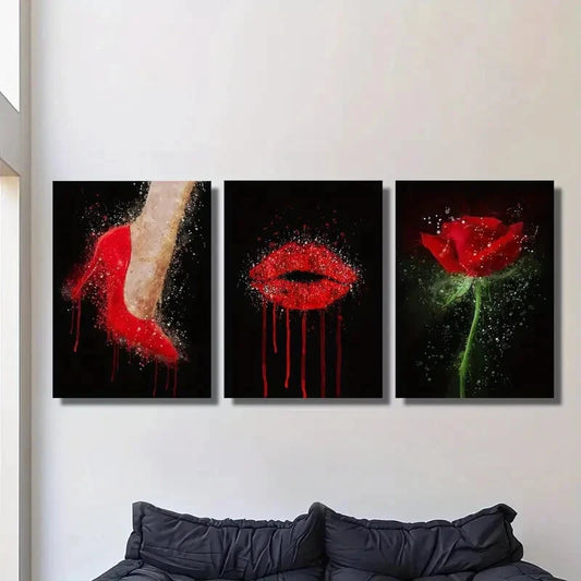3pcs fashion red high heels red lips red rose Metal Print Ready to Hang Art