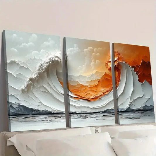 3pcs Abstract Wave Brown Texture Minimalist ty Wall Art Set Canvas Framed 50x70cm - High Quality Print 100% Australian Made Wall Canvas Ready to Hang