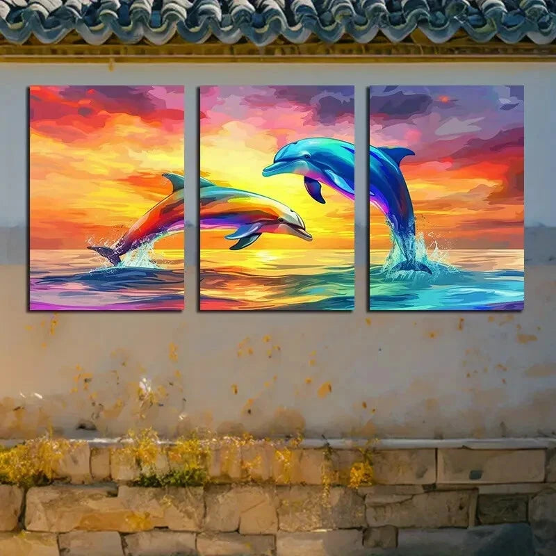 3pcs Vibrant Dolphin Ocean Life Illustration Metal Print Ready to Hang Art
