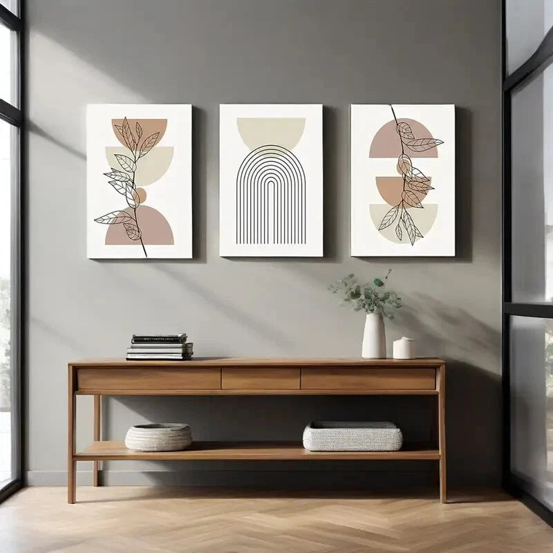 3pcs Abstract Geometric Line Leaf Beige Botanical Metal Print Ready to Hang Art