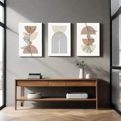 3pcs Abstract Geometric Line Leaf Beige Botanical Metal Print Ready to Hang Art